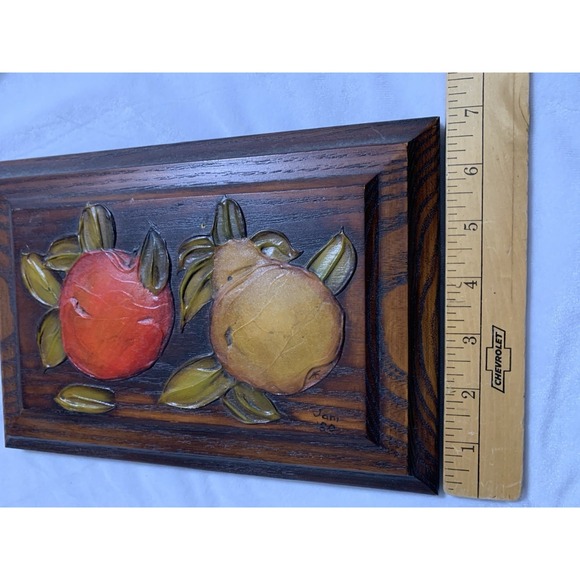 Vintage Hand Painted 3D Signed Floral Fruit Wooden Wall Plaque Art 10x7 - Picture 6 of 6
